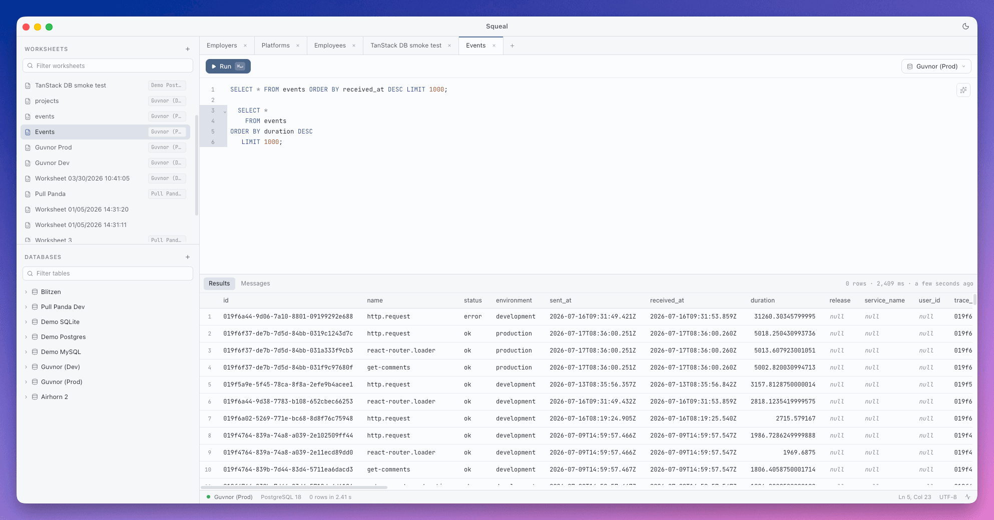 Squeal running a query against PostgreSQL, with worksheets in the sidebar and results in a table